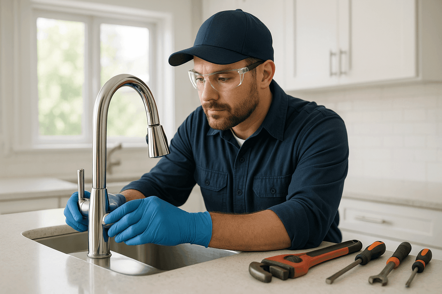 Plumber installing a new kitchen faucet