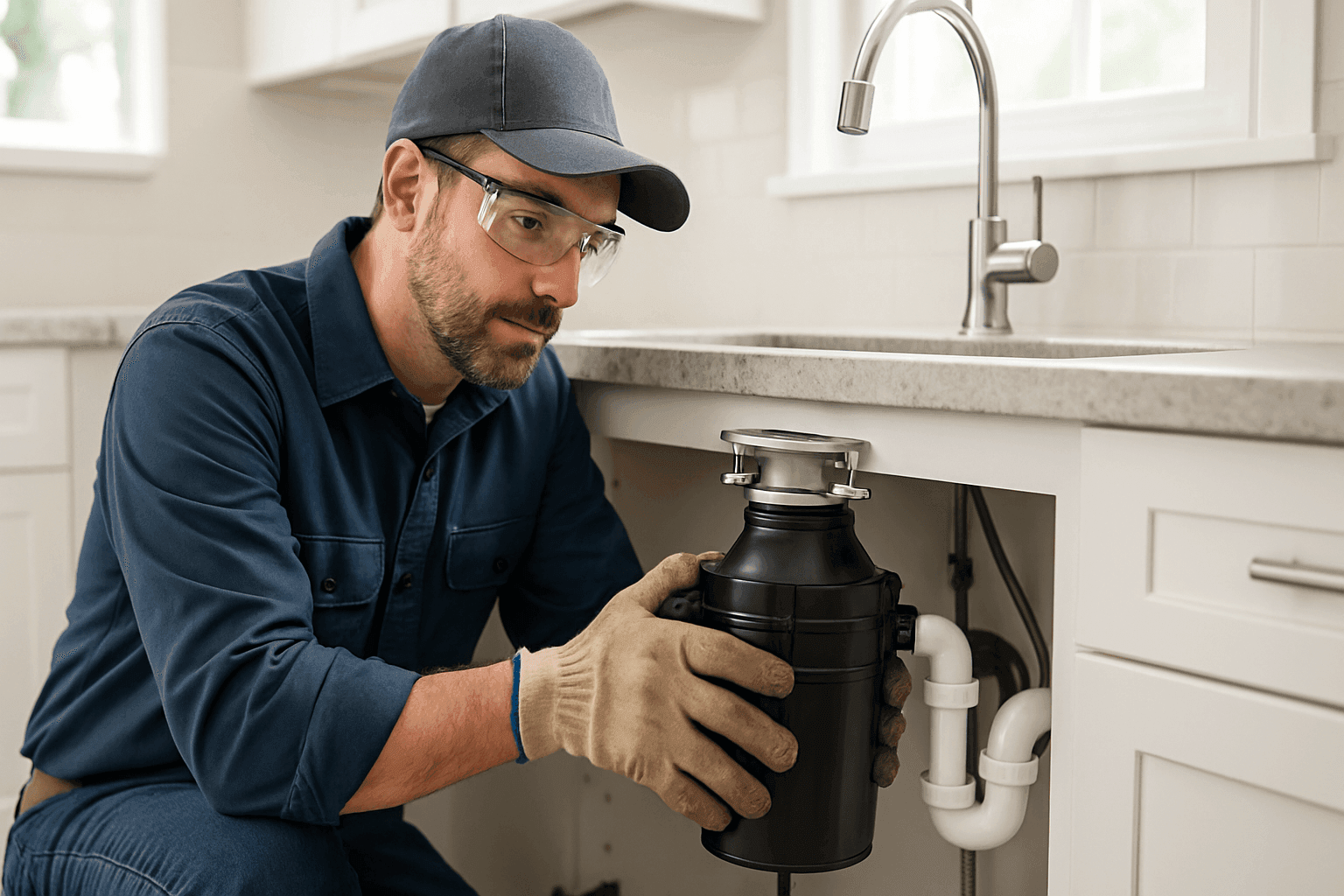 Plumber repairing garbage disposal under kitchen sink