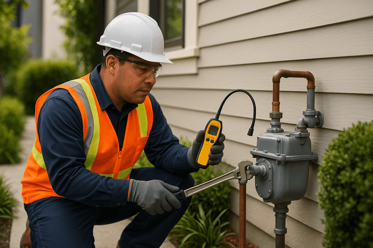 Plumber inspecting residential gas line connection outdoors