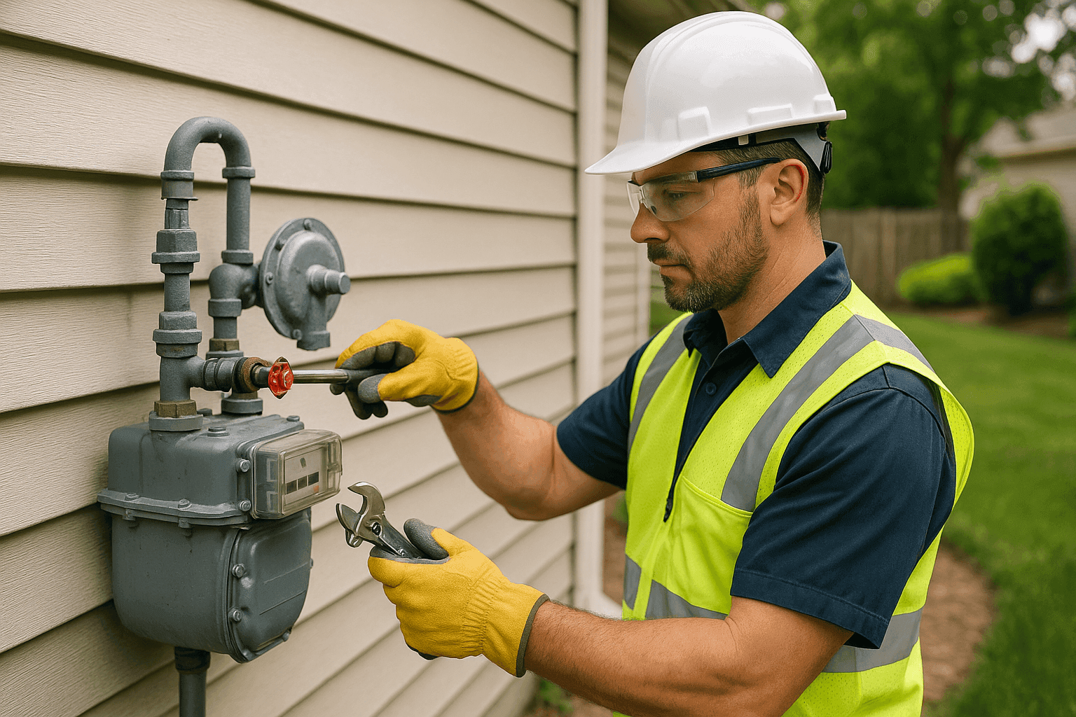 Technician checking gas shutoff valve near home meter