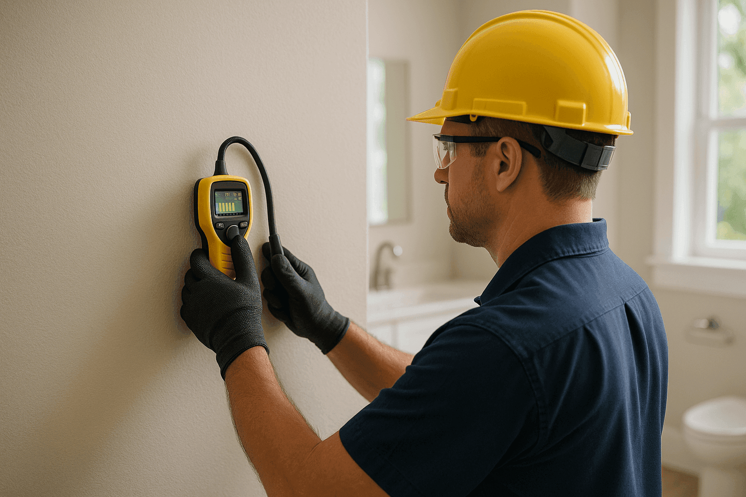 Technician using electronic leak detector on wall pipe