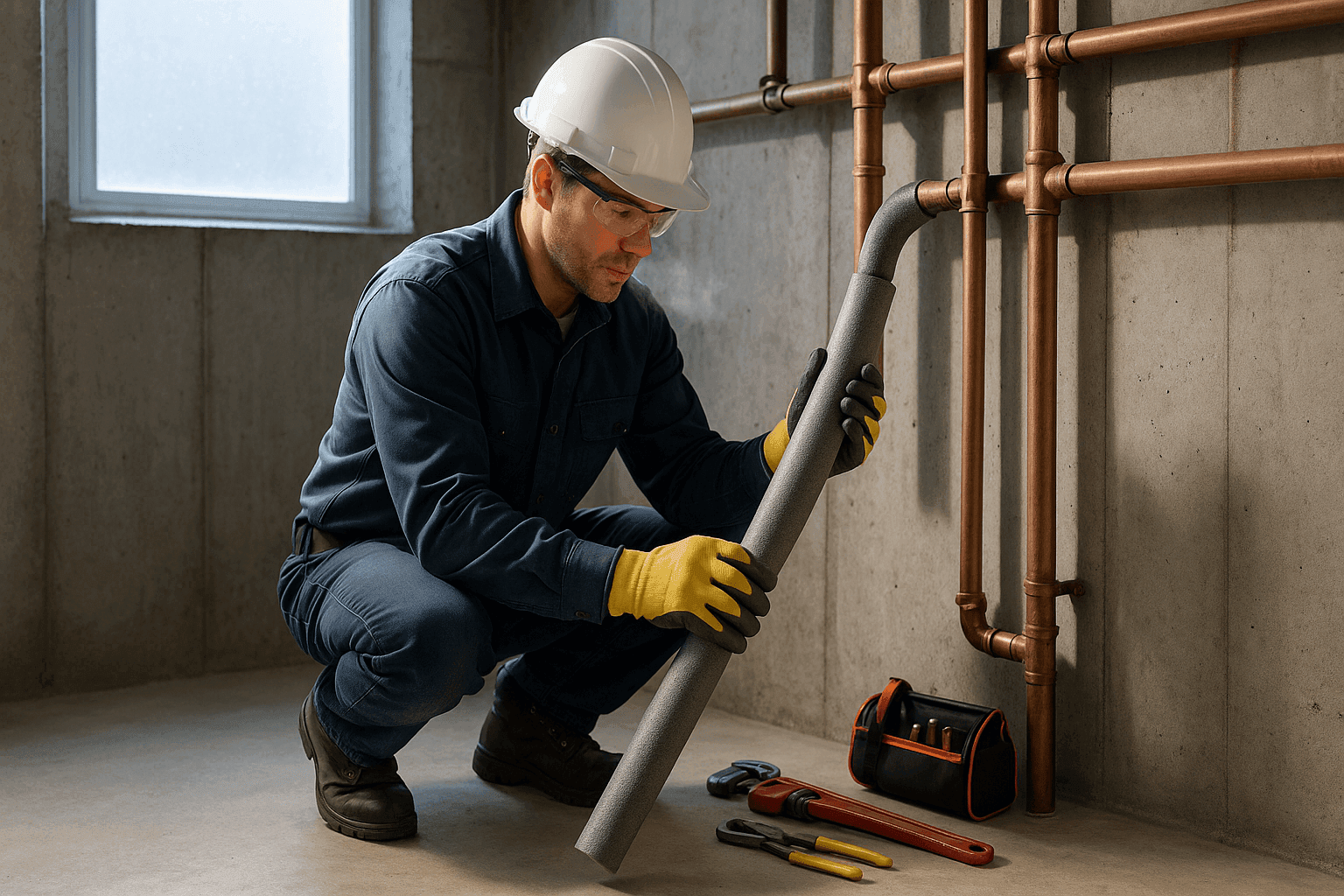 Plumber insulating exposed pipes in cold basement