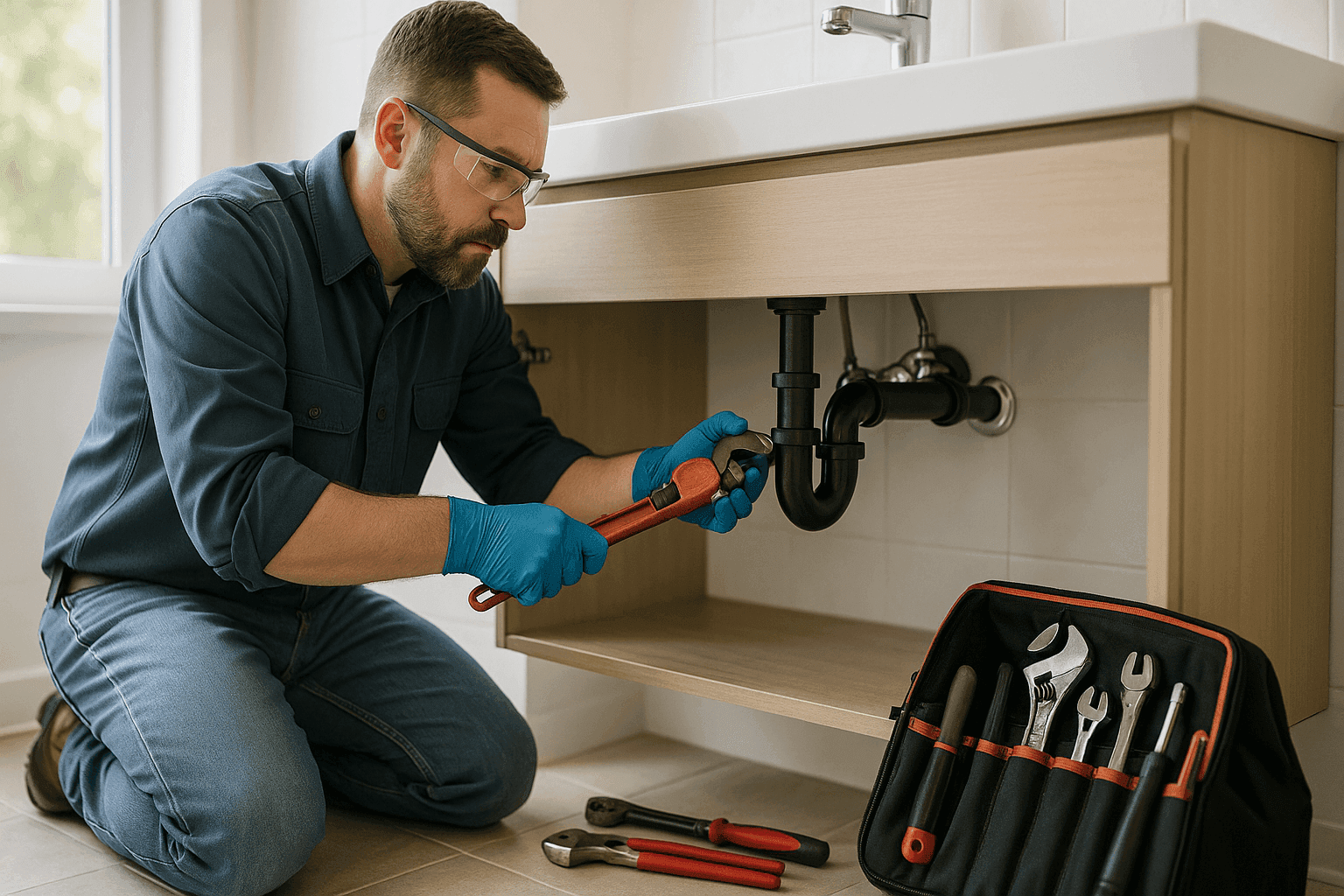 Plumber tightening pipe joint under bathroom sink