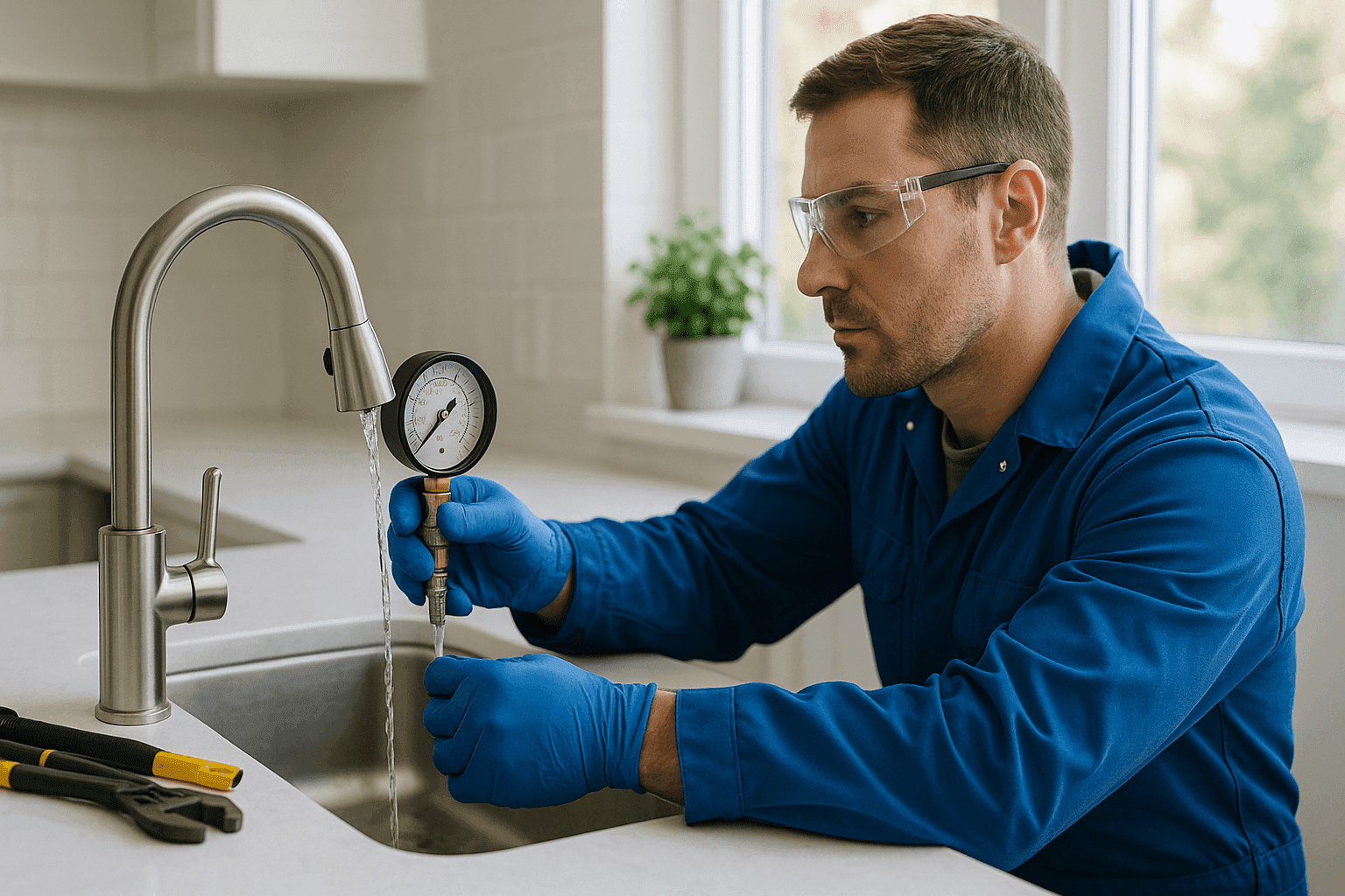 Plumber testing water pressure with a gauge at kitchen faucet