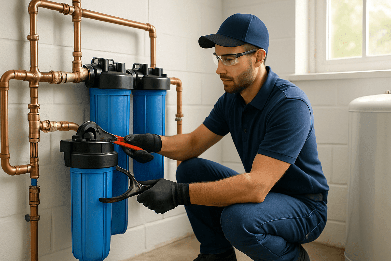 Technician installing whole house water filter near main line
