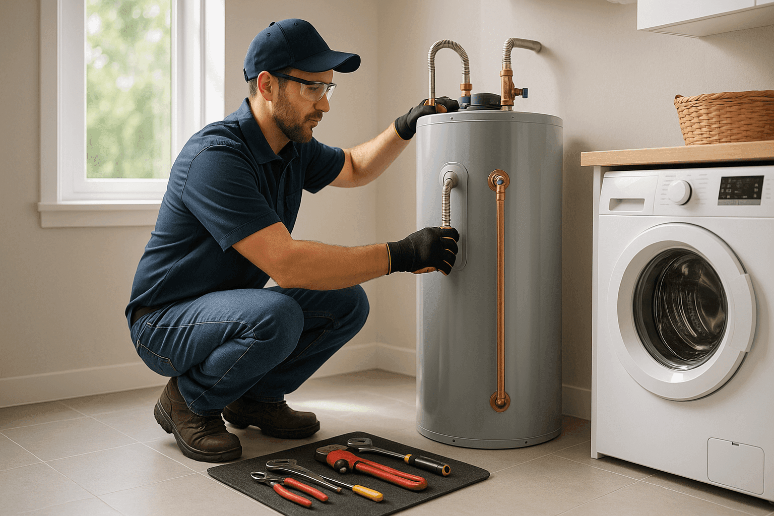 Technician connecting new water heater in laundry room