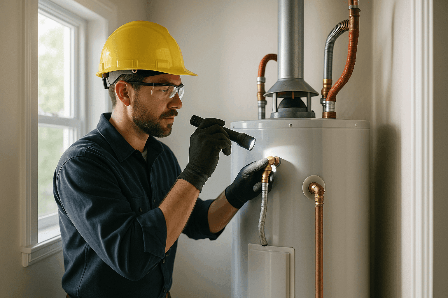 Technician inspecting water heater near utility closet